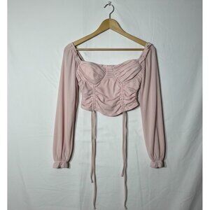 privy Pink Corset Crop Top With Puff Sleeves By Privy - Long Sleeve Teen Large